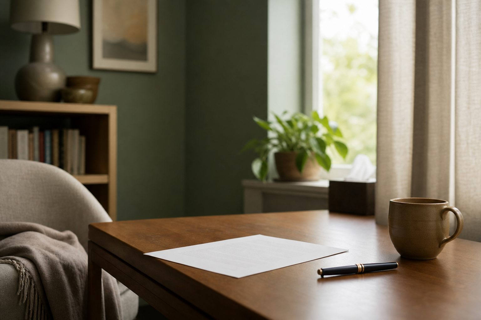 A single unreadable printed page and a pen on a pale linen desk in a calm sage toned private practice office