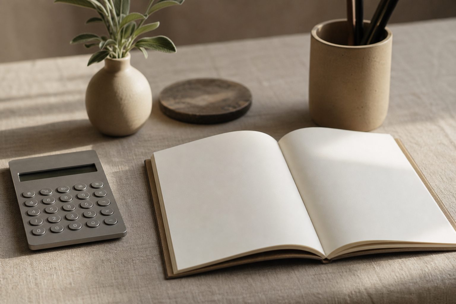 A calculator and blank notebook on a greige linen desk with a clay pencil cup in raking afternoon light