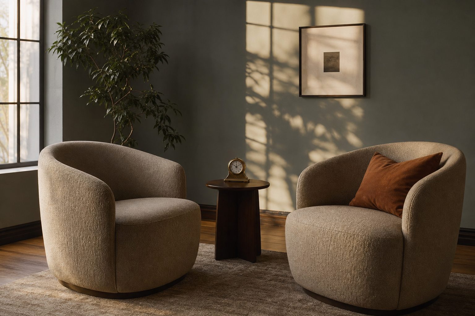 Two facing therapy armchairs with a small table clock between them in a sage and greige consulting room