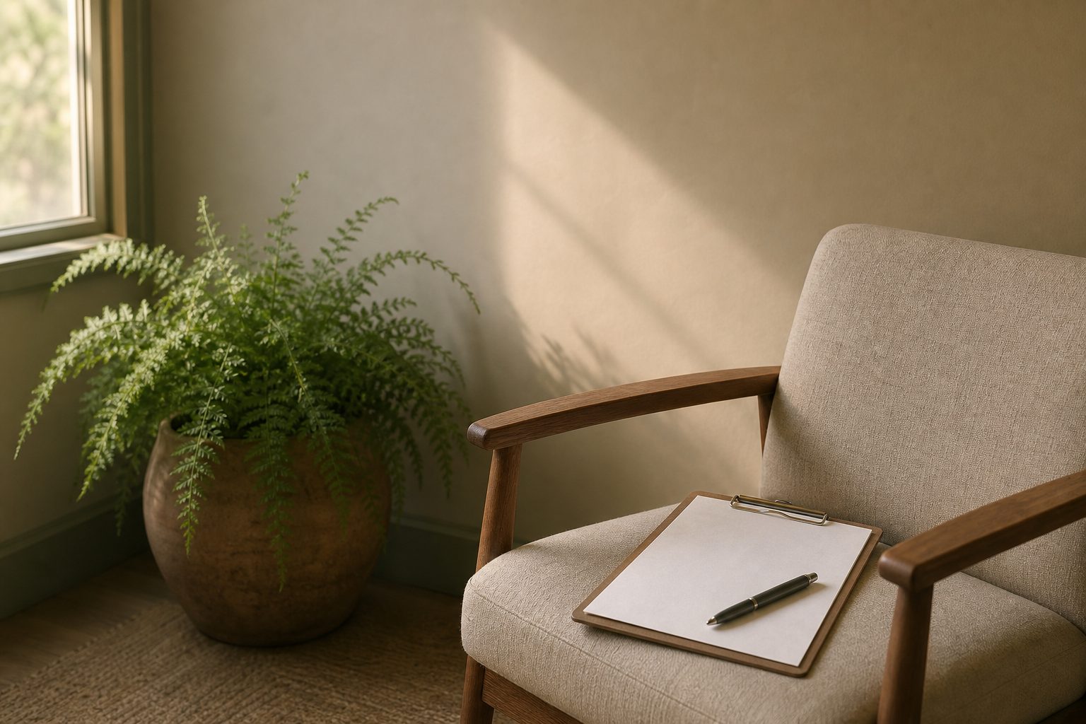 A clipboard and pen on a linen waiting room chair beside a fern in a clay pot in warm daylight