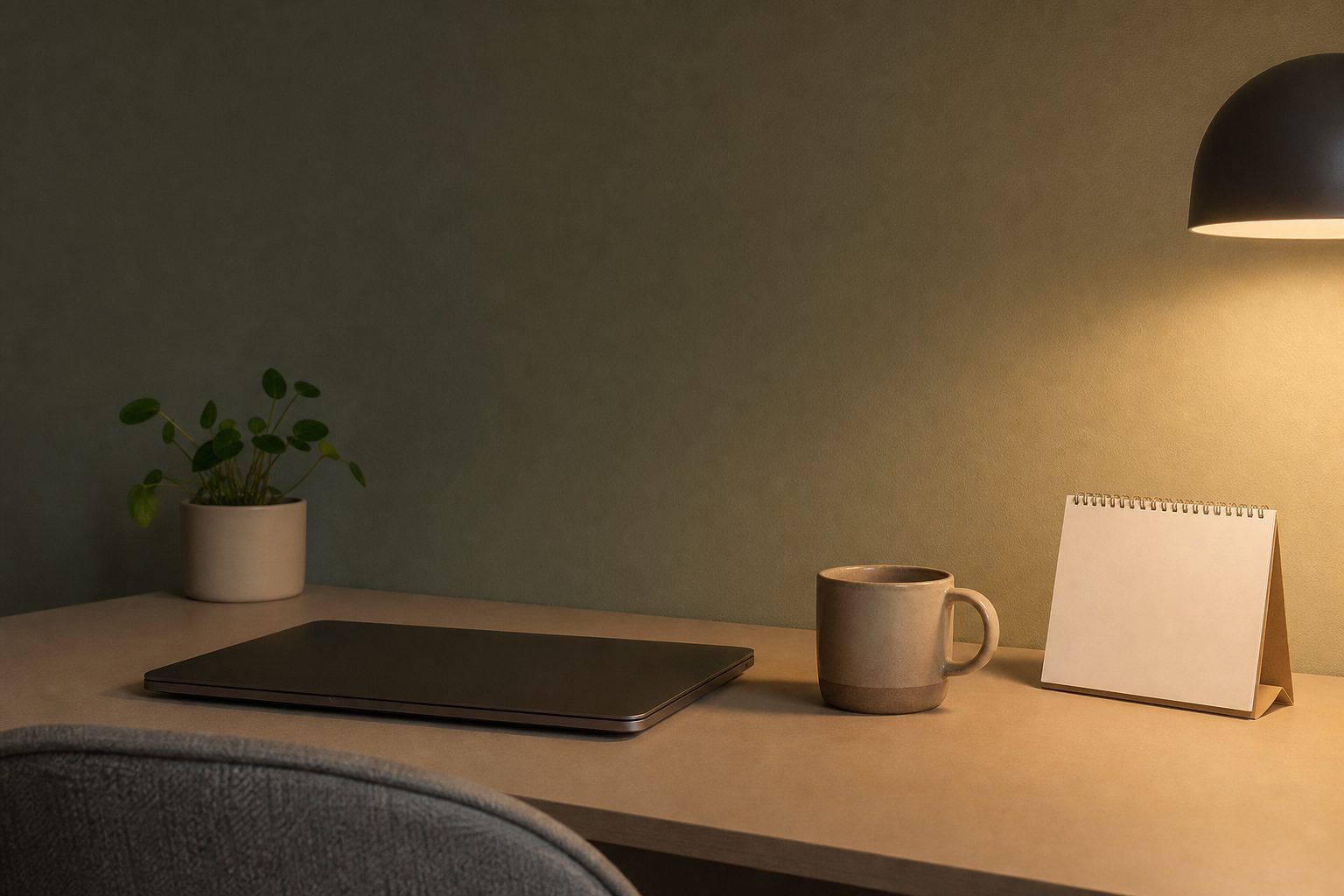 A closed laptop, clay mug and blank wall calendar on a greige desk in warm evening lamplight