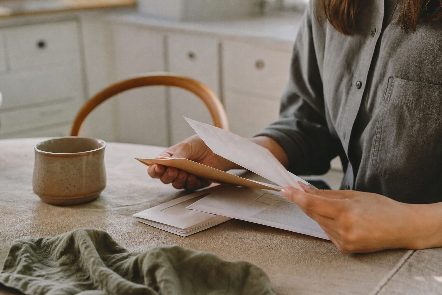 Hands opening mail at a greige kitchen table in morning light with a clay mug and sage napkin nearby