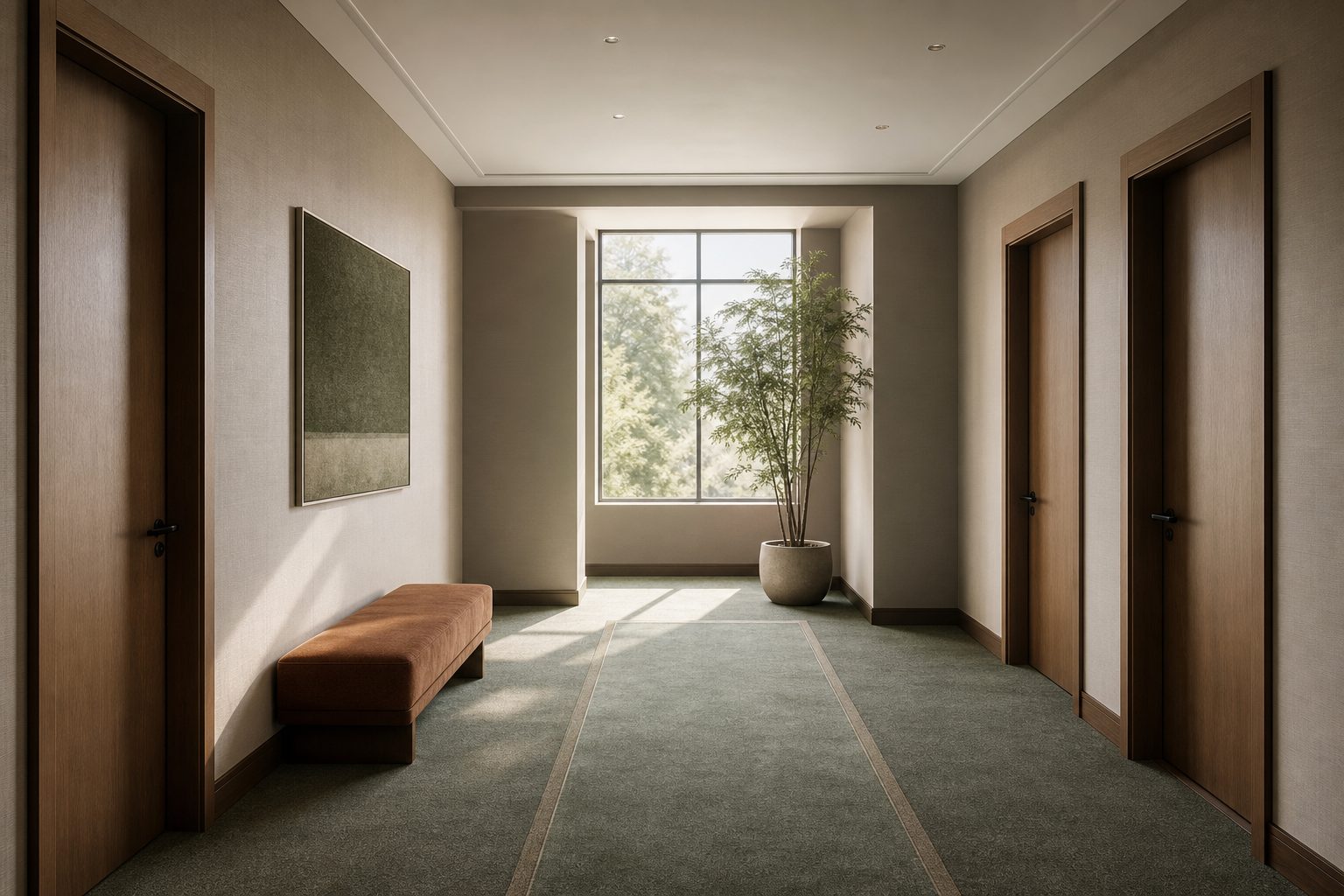 A calm office suite hallway with closed doors, a sage runner and a clay bench lit by soft morning window light