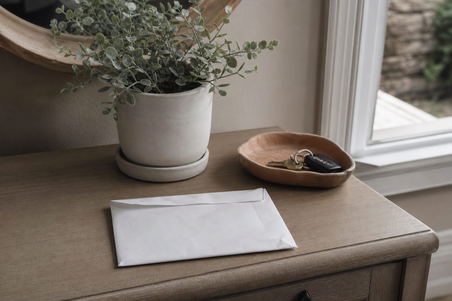 A returned envelope face down on a greige entry table beside a small plant and a clay dish in soft daylight
