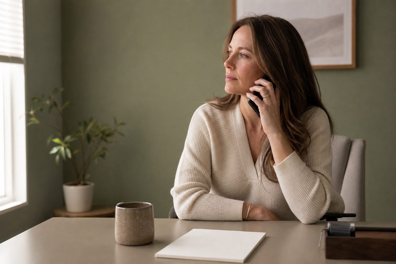 A therapist waiting on hold with a phone to one ear at a greige desk beside a window in soft daylight