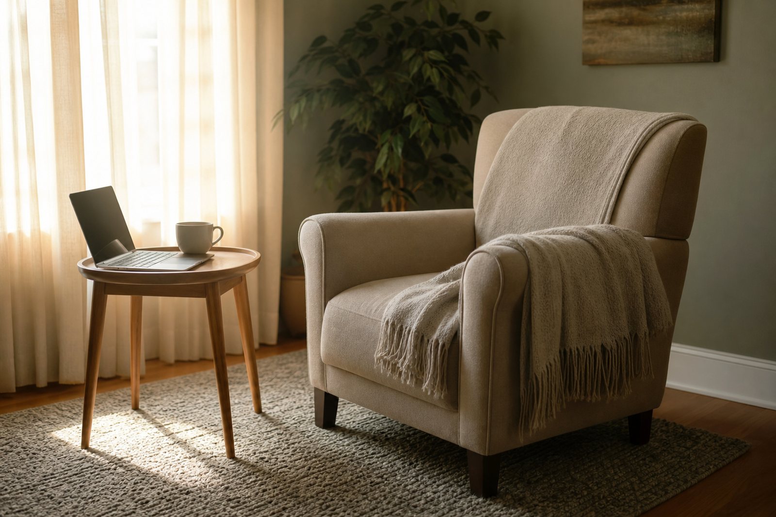A therapy office with a soft armchair, a folded throw and a laptop on a side table in warm afternoon light