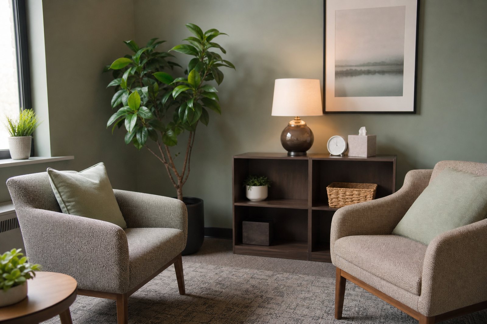 A counseling room corner with two facing chairs, a table lamp and a leafy plant in soft natural daylight